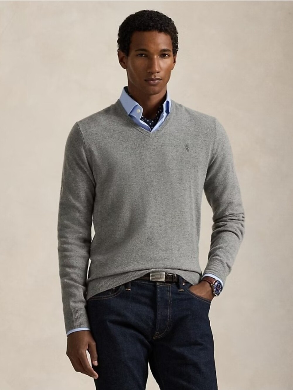 Polo by Ralph Lauren Men's V-Neck Sweater in Light Grey